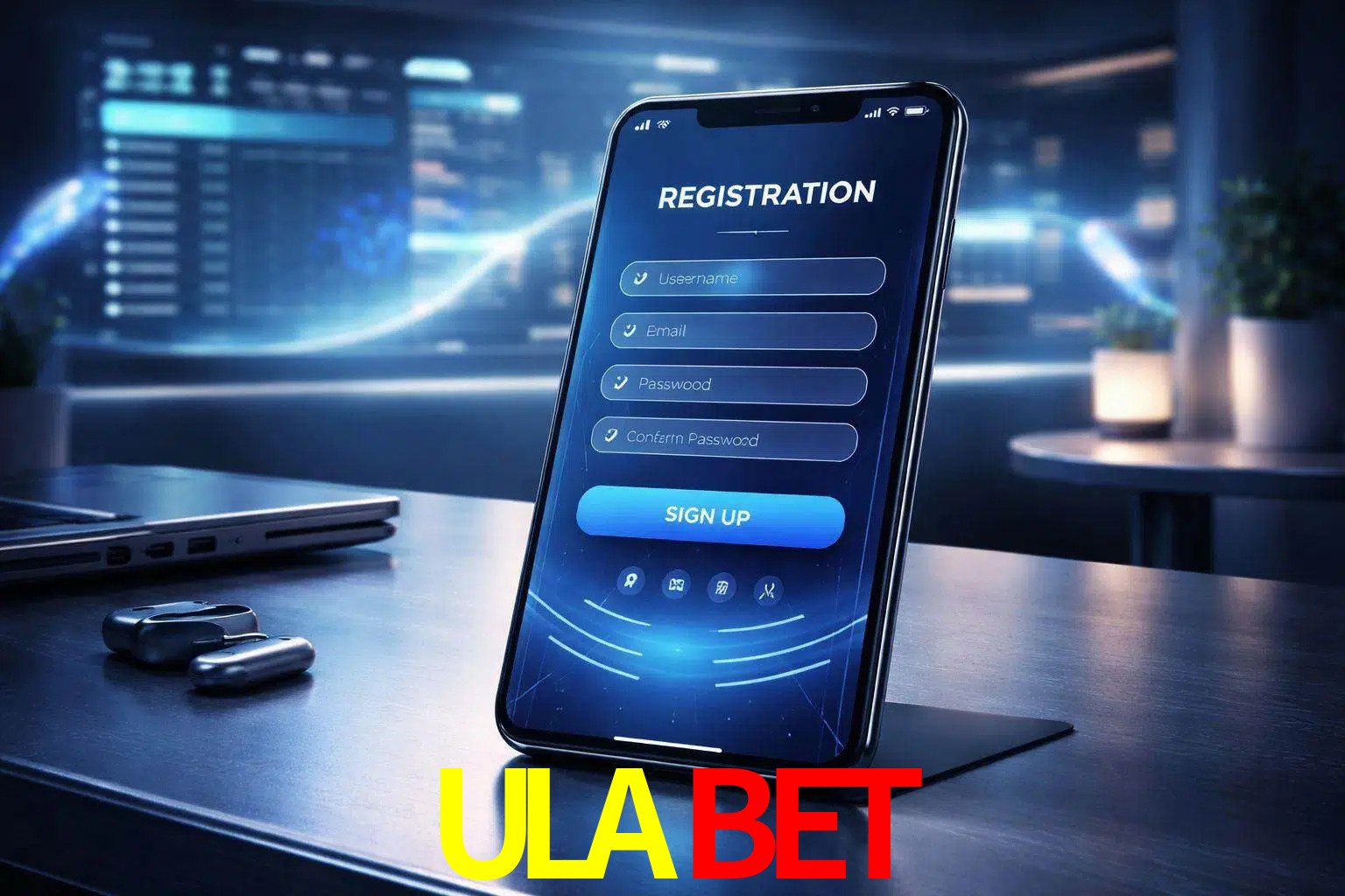 Una interfaz moderna de registro móvil para ULABET mostrada en un smartphone con un panel de apuestas elegante.